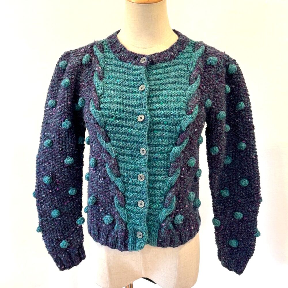 Adrienne Vittadini Teal and Navy Pom-Pom Cable Knit Cardigan